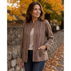 Gregge Sport 100% Silk Herringbone Open Front Jacket Brown Multi‎ Pleated Back